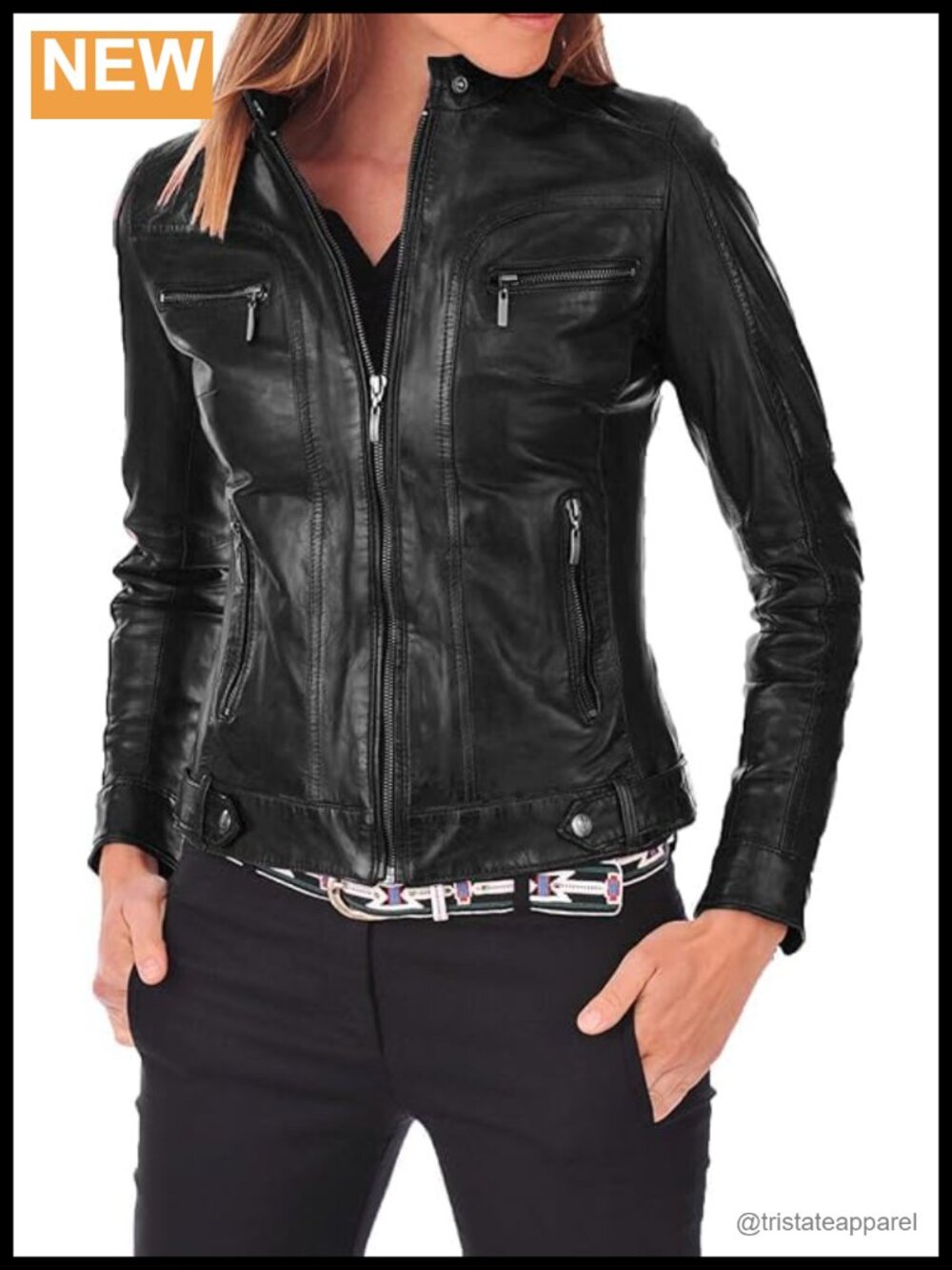 Women's Faux Leather Moto Biker Jacket Zip Up Fitted Coat